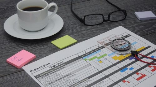 image of coffee cup glasses and project plan on table top